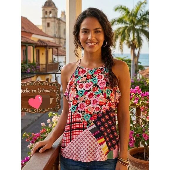 Sfida Woman Tops - NWOT Sfida Woman Floral Patchwork Halter Top - Size 10 (Made in Colombia)
